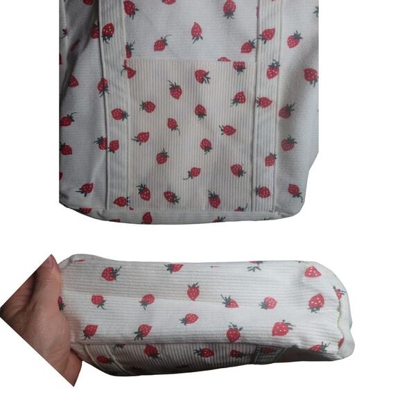 Strawberry Print White Corduroy Tote Bag – Lightweight Summer Shoulder Purse - Picture 4 of 6